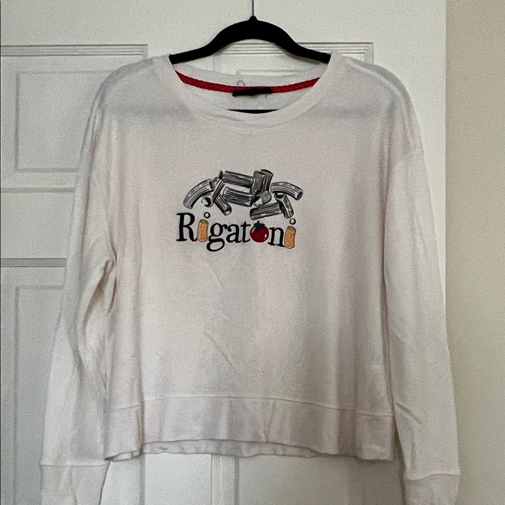 Jane and Delancey White Graphic Rigatoni Pullover with Red Trim